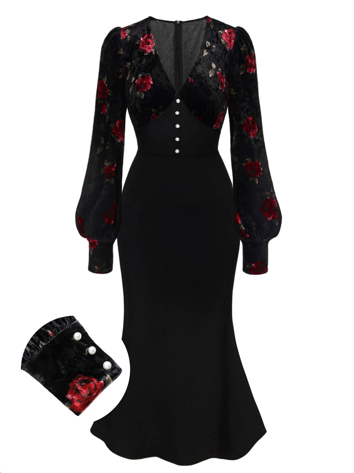 Schwarz 1930er Rose Samt Fischschwanzkleid - Image 2