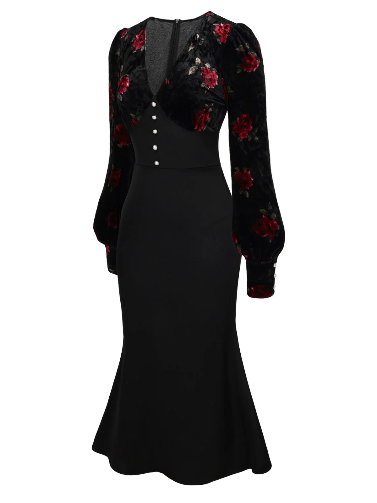 Schwarz 1930er Rose Samt Fischschwanzkleid - Image 4