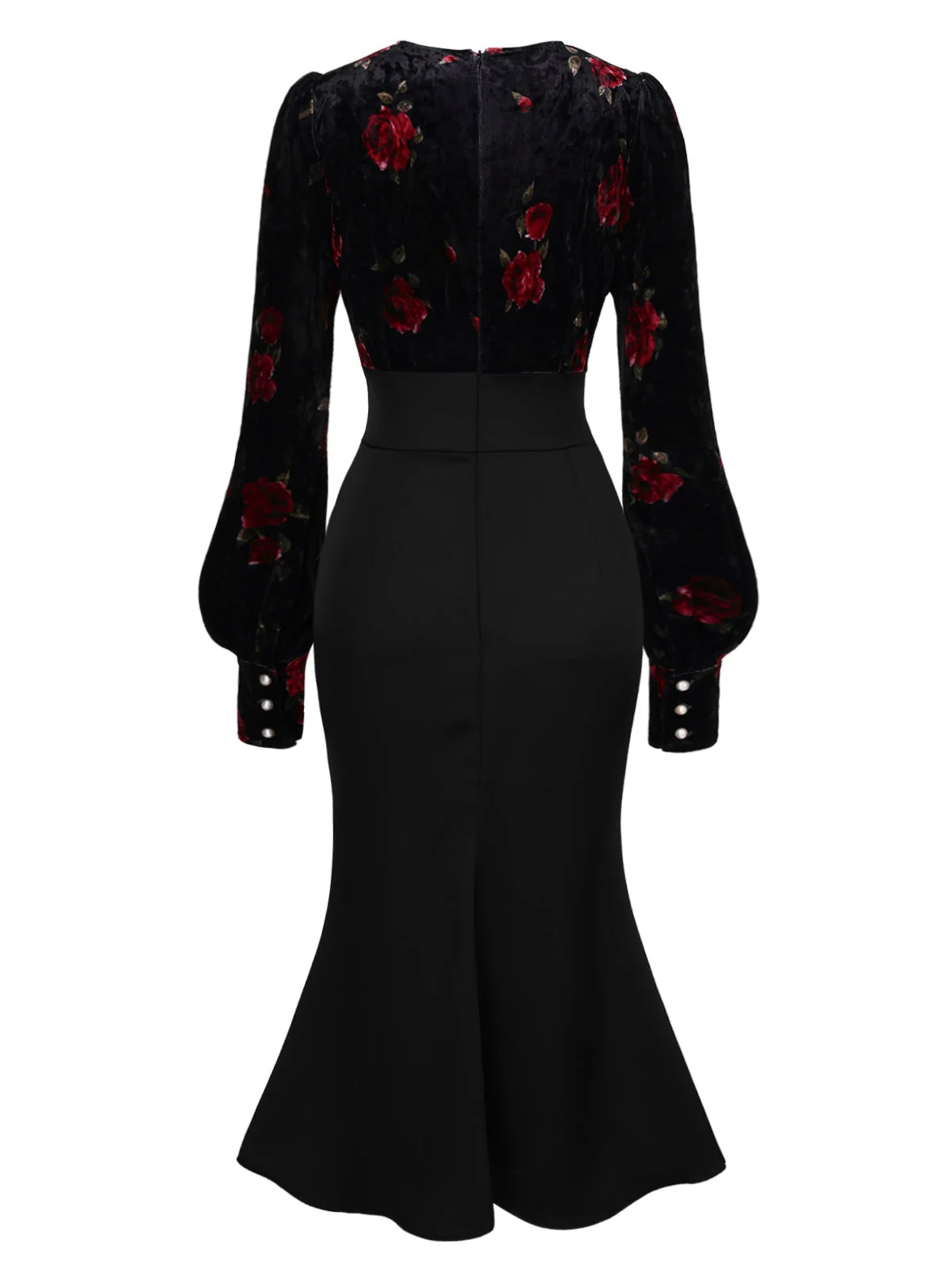 Schwarz 1930er Rose Samt Fischschwanzkleid - Image 5