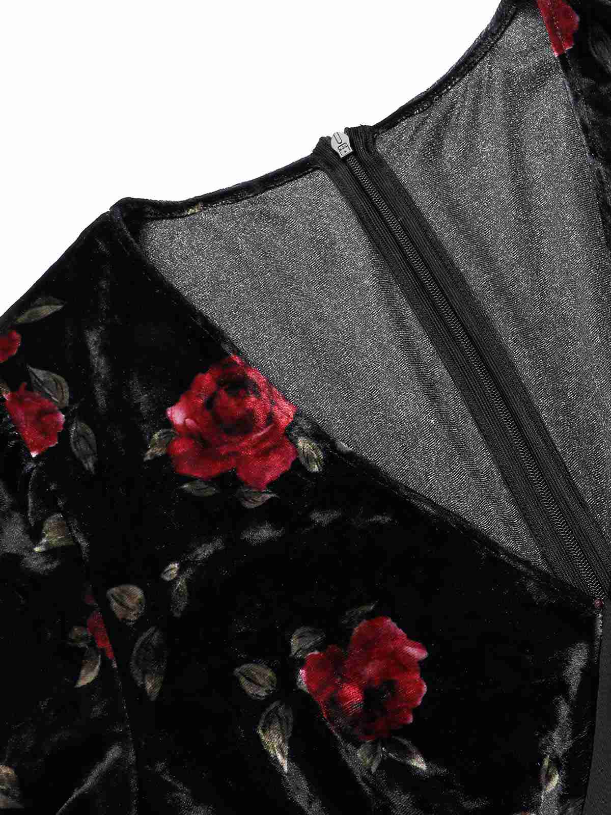 Schwarz 1930er Rose Samt Fischschwanzkleid - Image 6