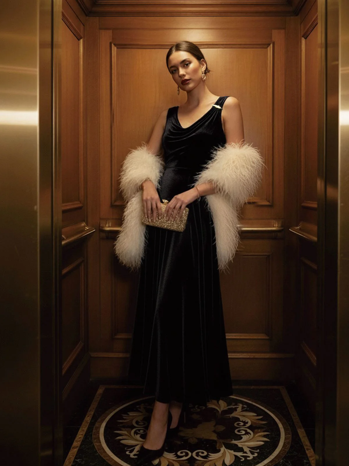 Schwarz 1930er Samt Wasserfallausschnitt Federbrosche Kleid - Image 2