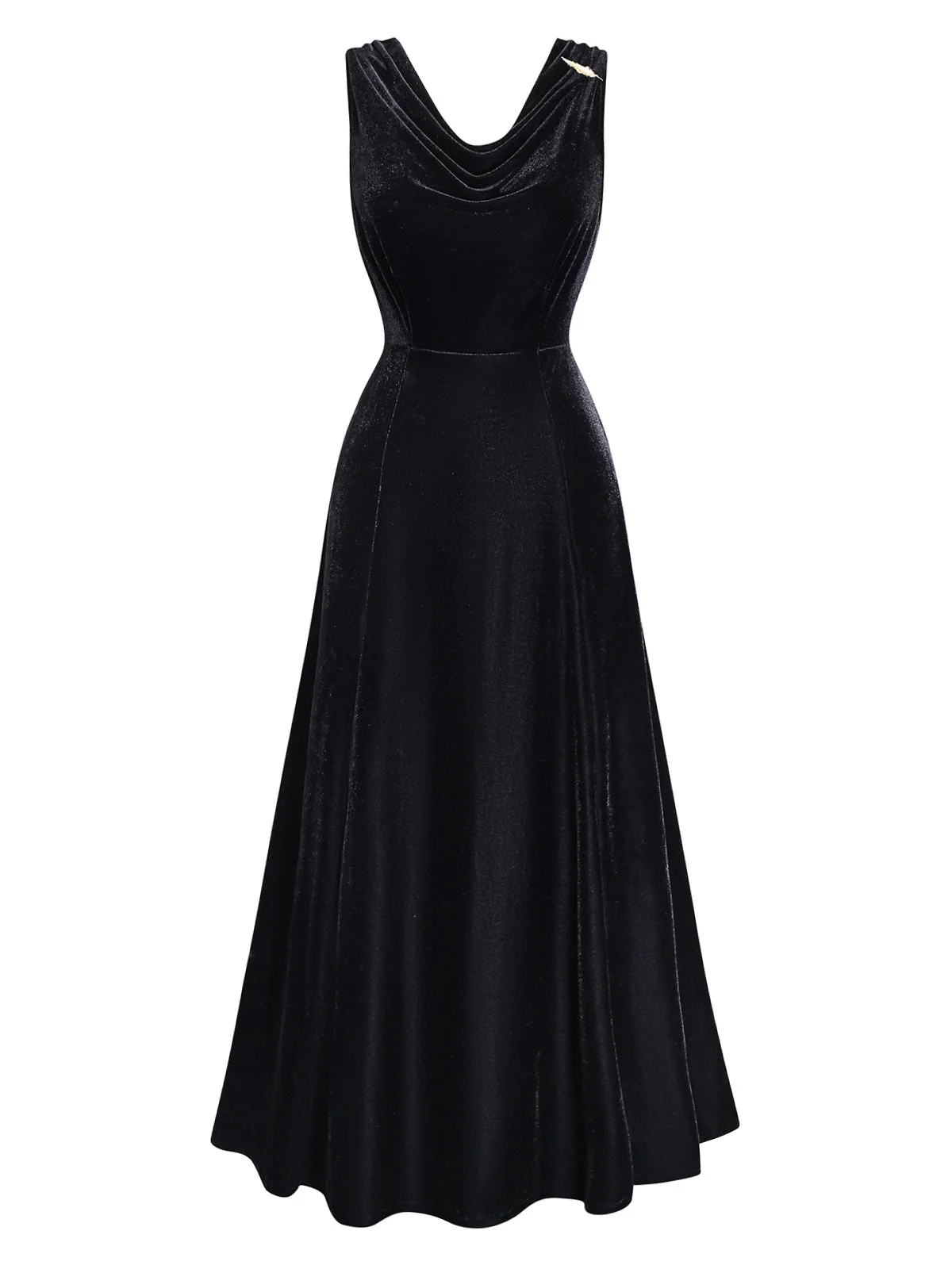 Schwarz 1930er Samt Wasserfallausschnitt Federbrosche Kleid - Image 3