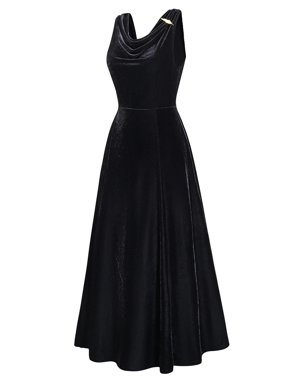 Schwarz 1930er Samt Wasserfallausschnitt Federbrosche Kleid - Image 4