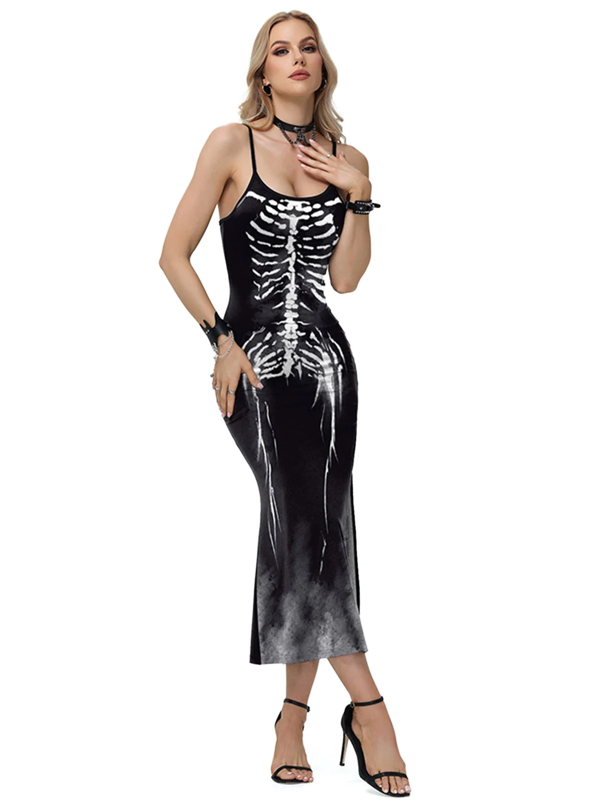 Schwarz 1930er Skeleton Schlitz Spaghetti Träger Kleid - Image 2