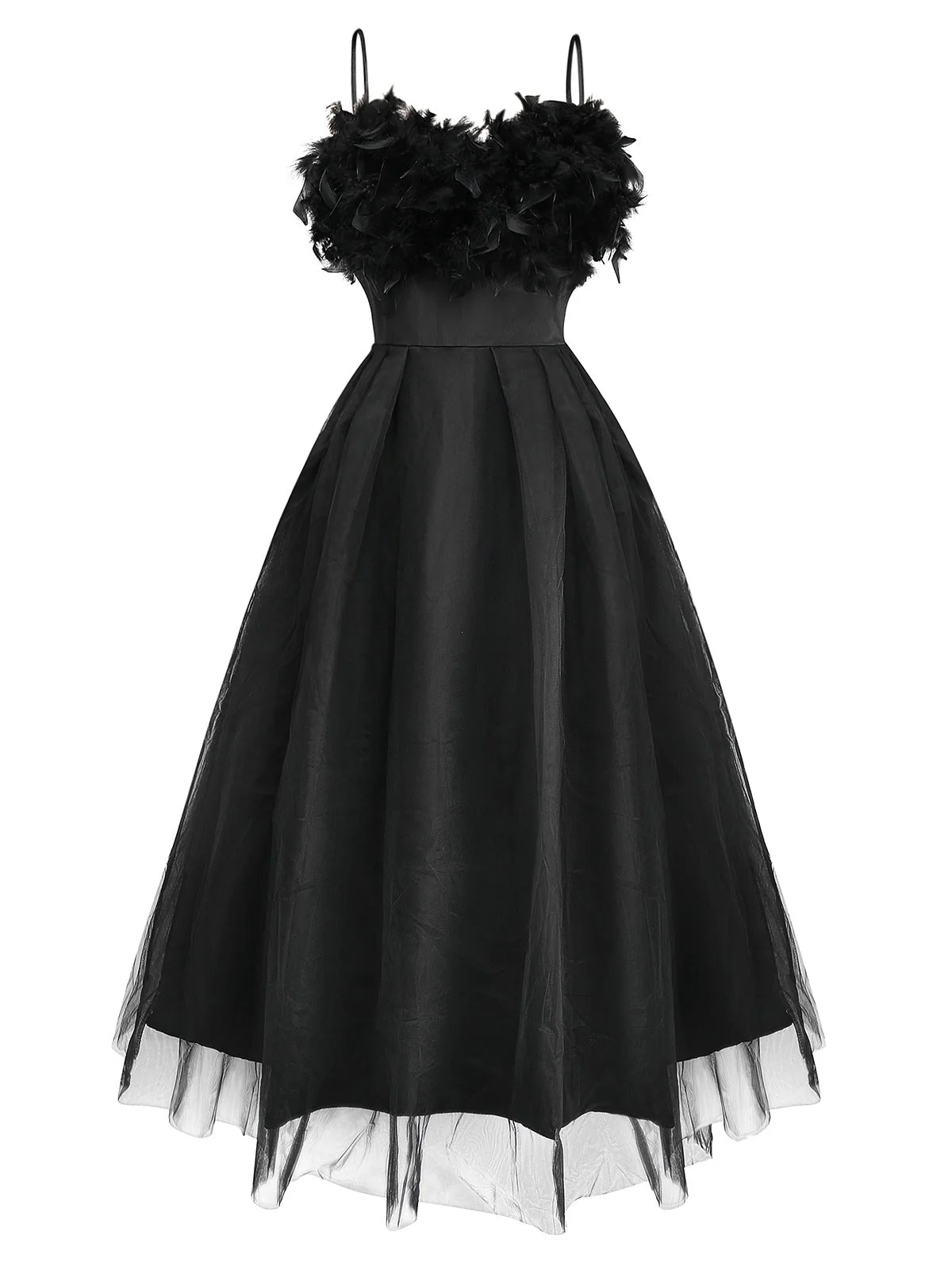Schwarz 1930er Solide 3D Feder Netz Kleid