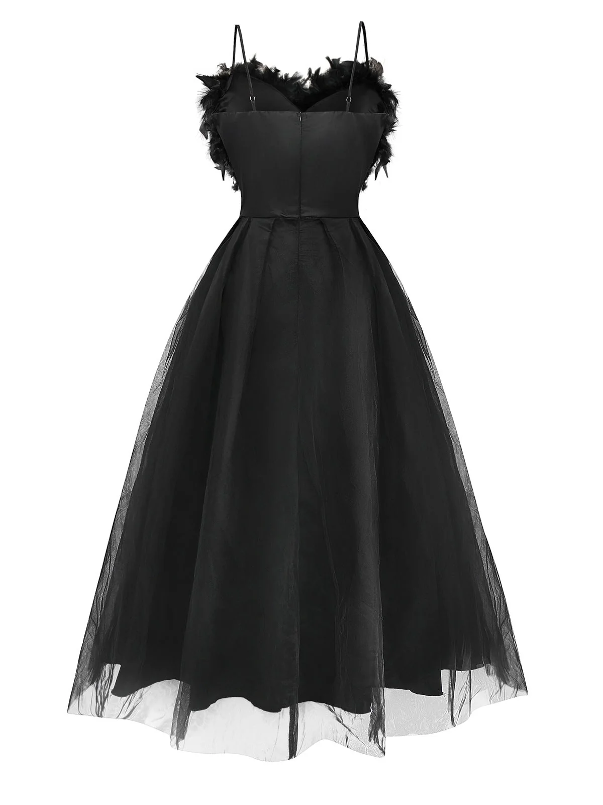 Schwarz 1930er Solide 3D Feder Netz Kleid - Image 2