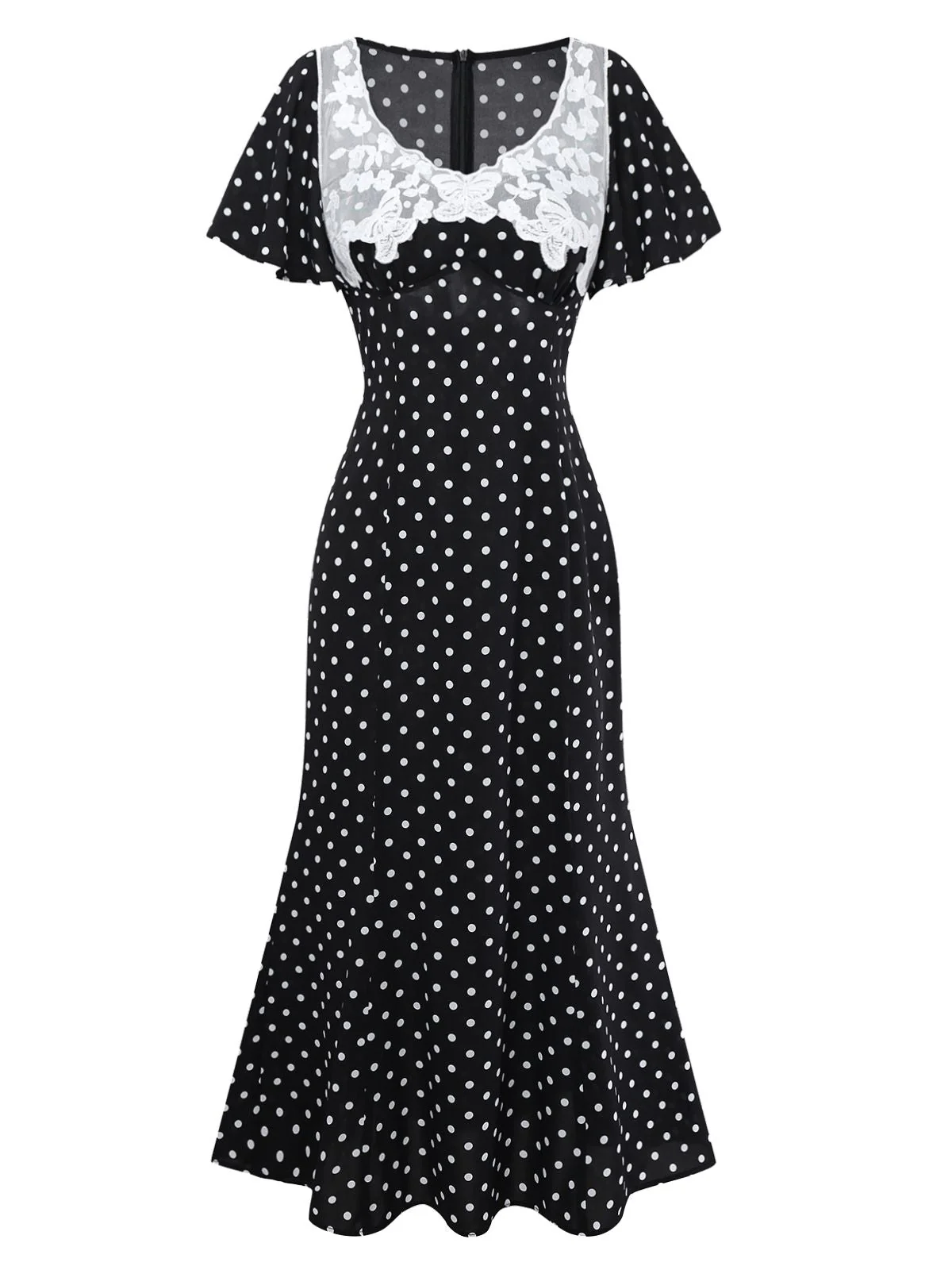 Schwarz 1930er Spitze Patchwork Polka Dot Kleid - Image 3