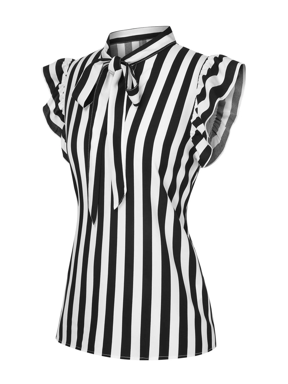 Schwarz 1930er Streifen Krawattenkragen Rüschenärmel Bluse - Image 2