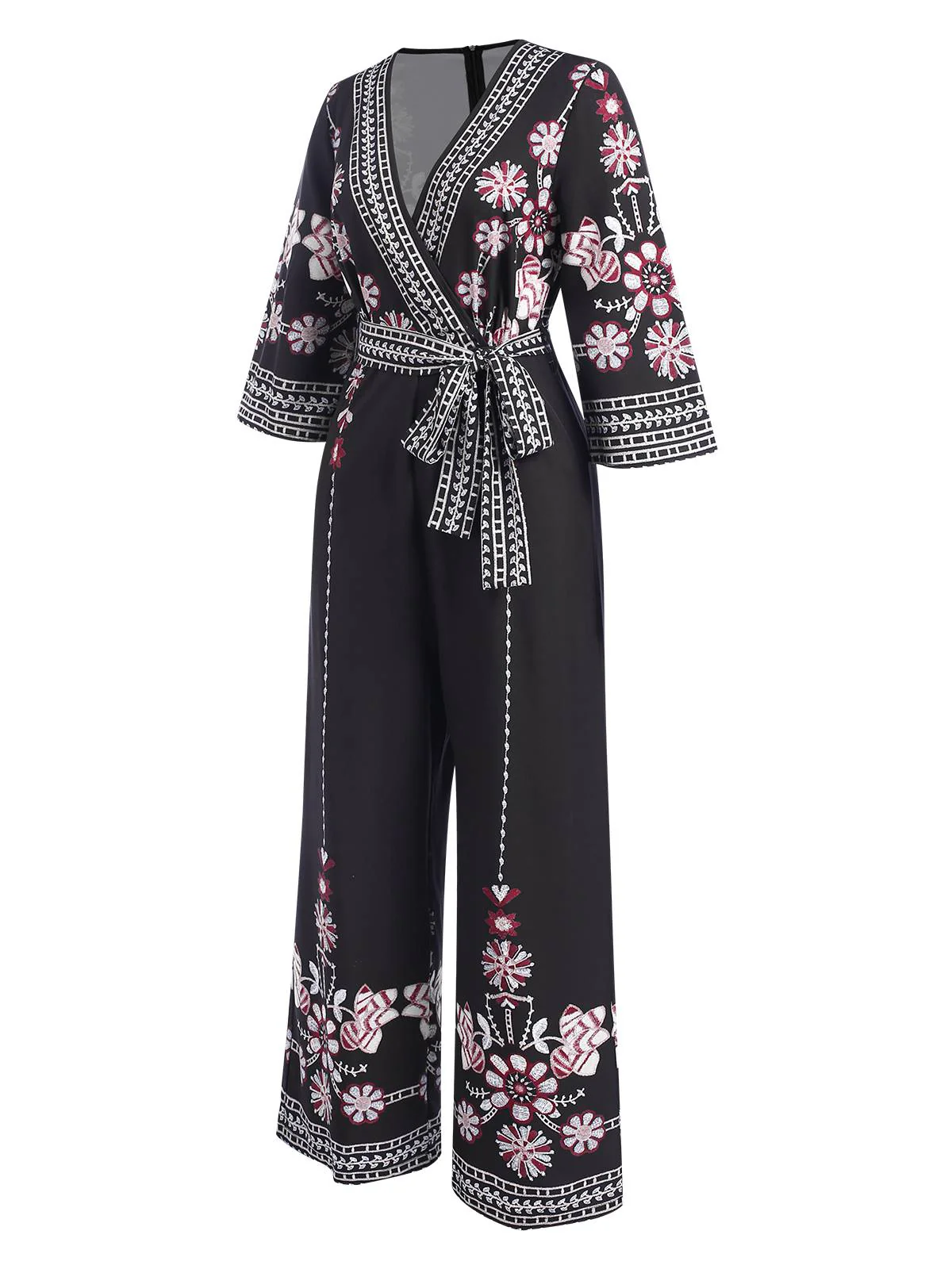 Schwarz 1930er Überkreuztes V-Ausschnitt Blumen Jumpsuit - Image 2