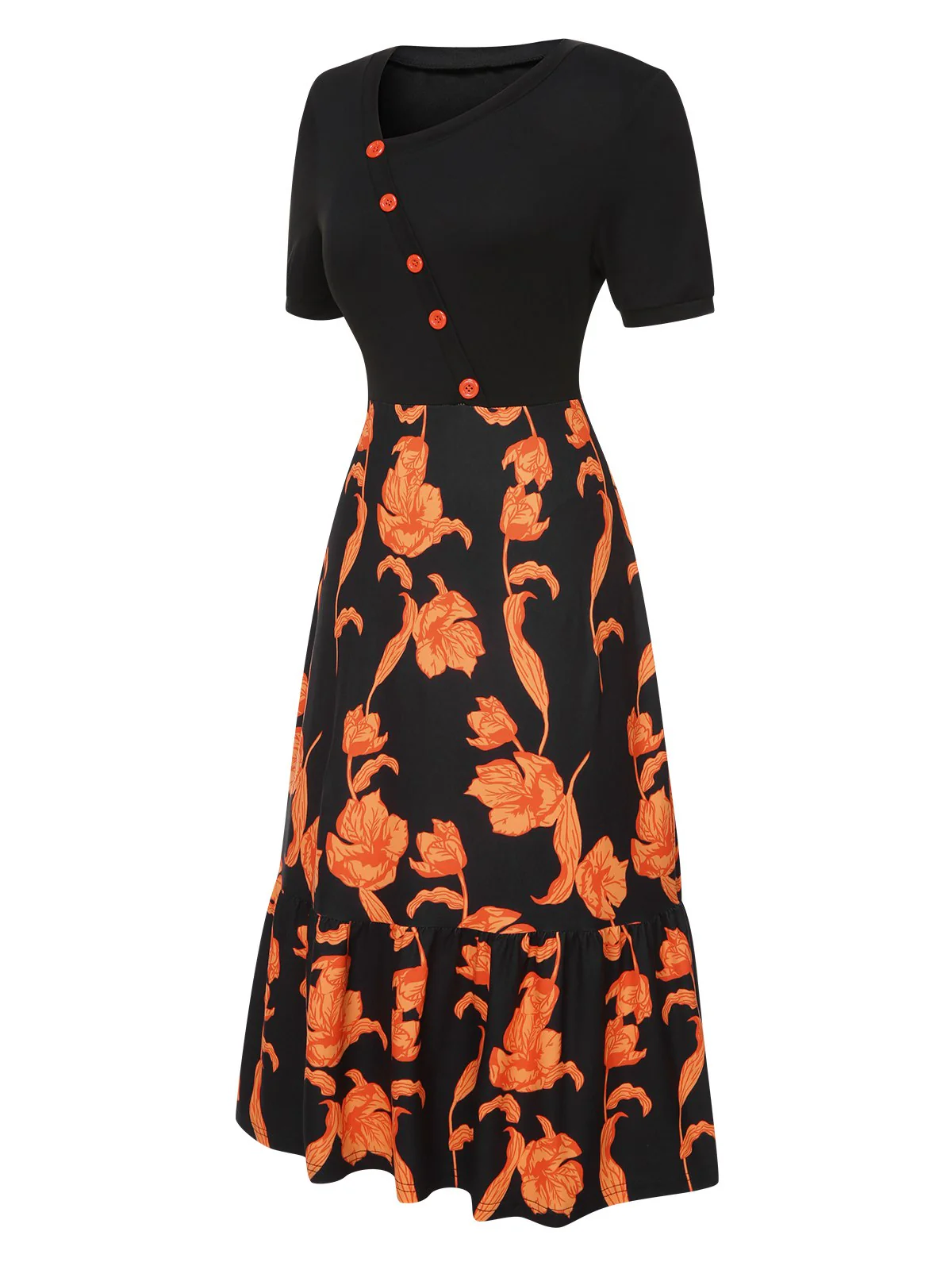 Schwarz 1930er Unregelmäßiger Ausschnitt Blumen Patchwork Kleid - Image 2