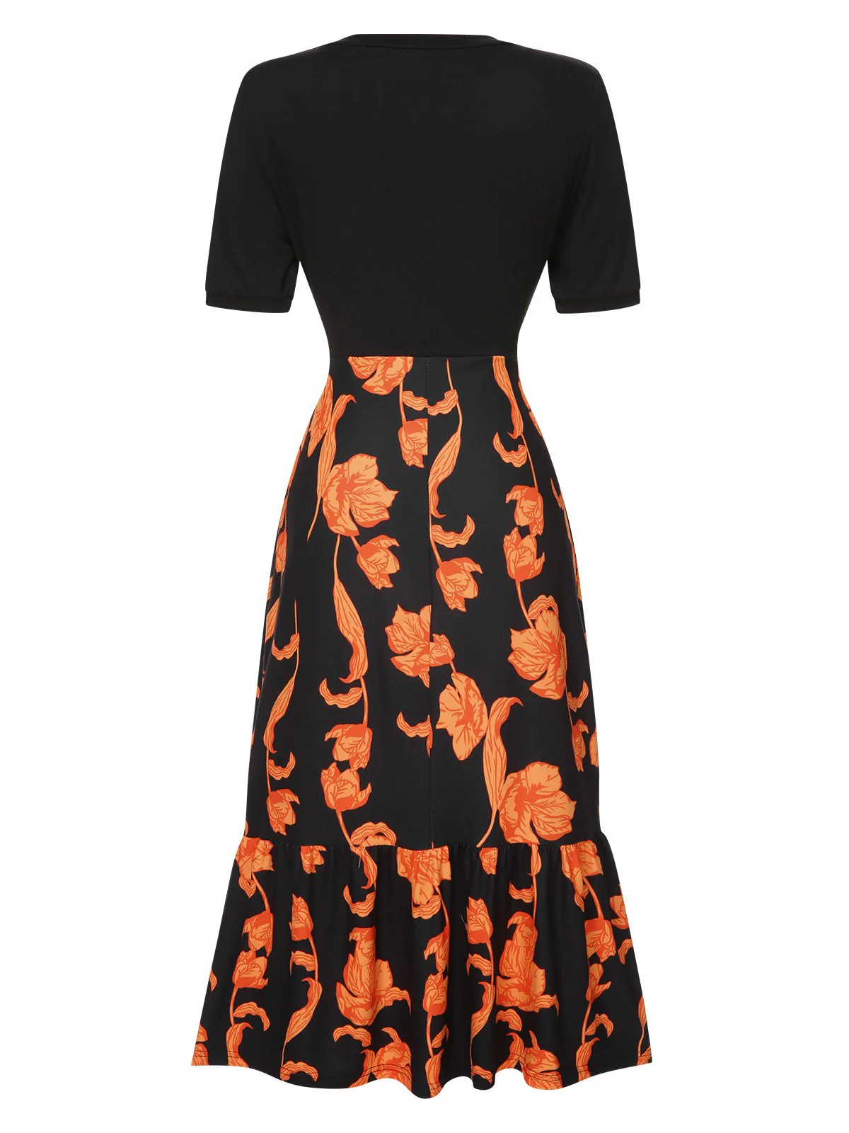 Schwarz 1930er Unregelmäßiger Ausschnitt Blumen Patchwork Kleid - Image 3