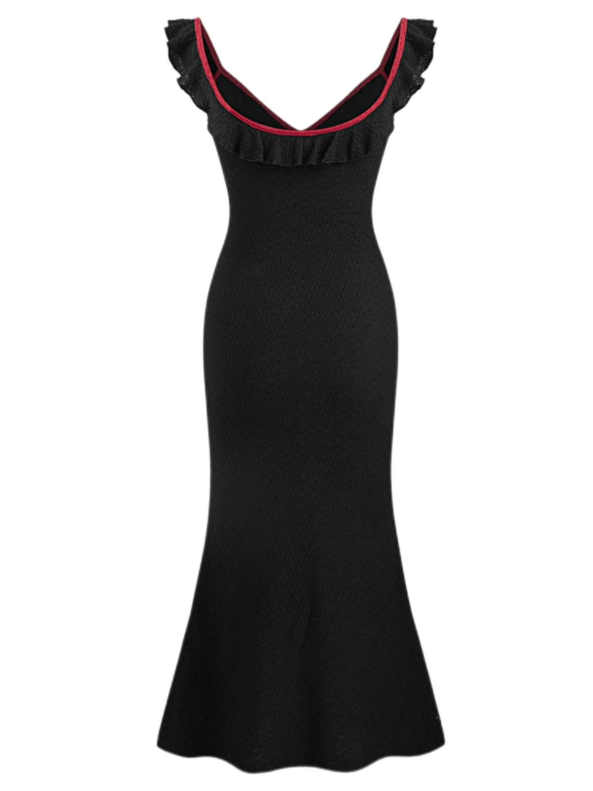 Schwarz 1930er V-Ausschnitt Rüschen Stricken Meerjungfrauenkleid - Image 2