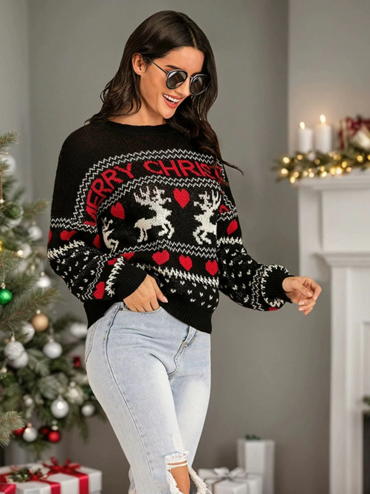 Schwarz 1930er Weihnachten Rentier Herzen Pullover - Image 2