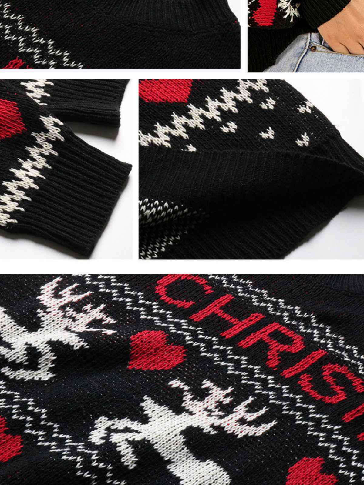 Schwarz 1930er Weihnachten Rentier Herzen Pullover - Image 5