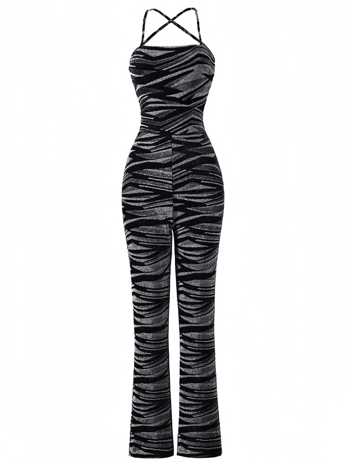 Schwarz 1930er Zebra Druck Halter Rückenfrei Jumpsuit - Image 2