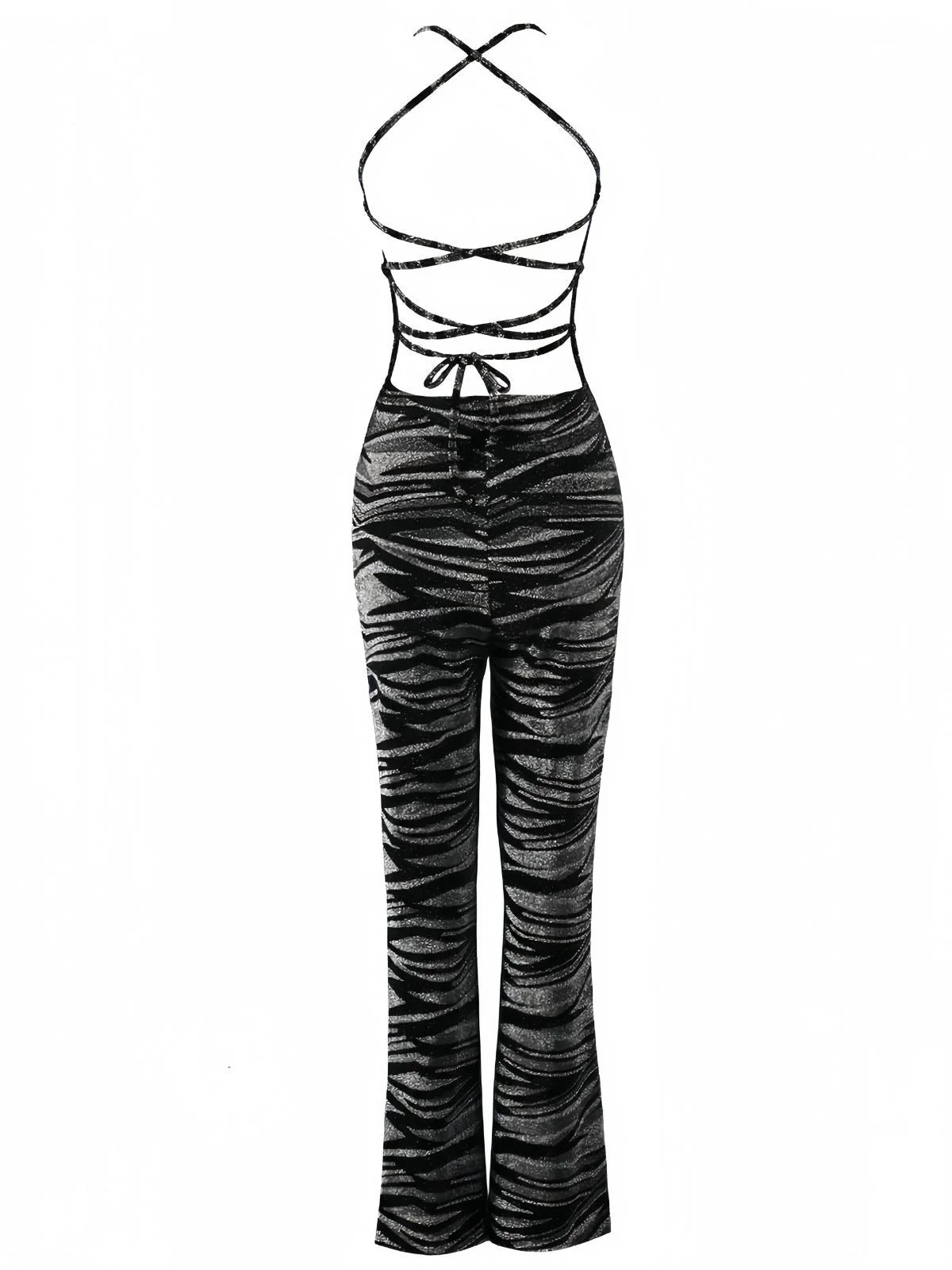 Schwarz 1930er Zebra Druck Halter Rückenfrei Jumpsuit - Image 3