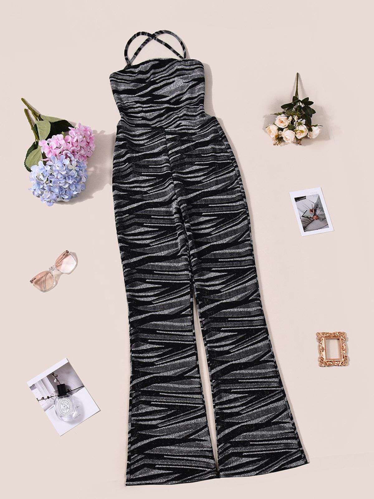 Schwarz 1930er Zebra Druck Halter Rückenfrei Jumpsuit - Image 4