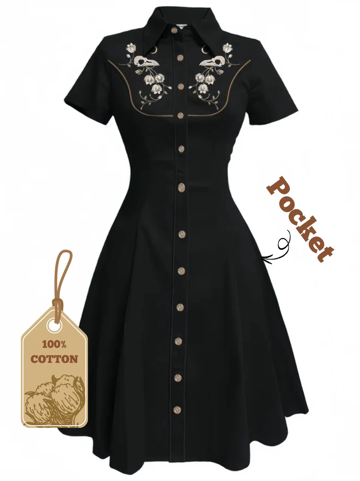 Schwarz 1940er Baumwolle Blumen Besticktes Westlicher Stil Kleid - Image 2