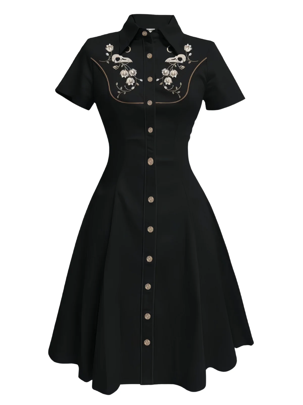 Schwarz 1940er Baumwolle Blumen Besticktes Westlicher Stil Kleid - Image 3