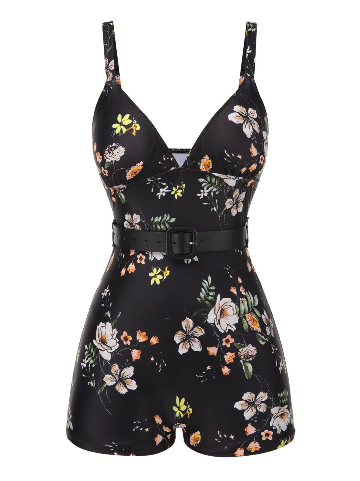 Schwarz 1940er Blumen Boxer Träger Badeanzug - Image 2