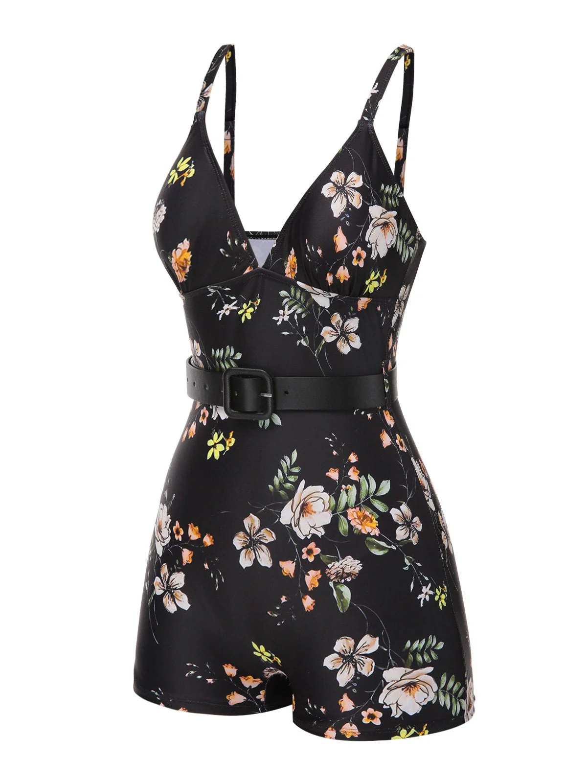 Schwarz 1940er Blumen Boxer Träger Badeanzug - Image 3