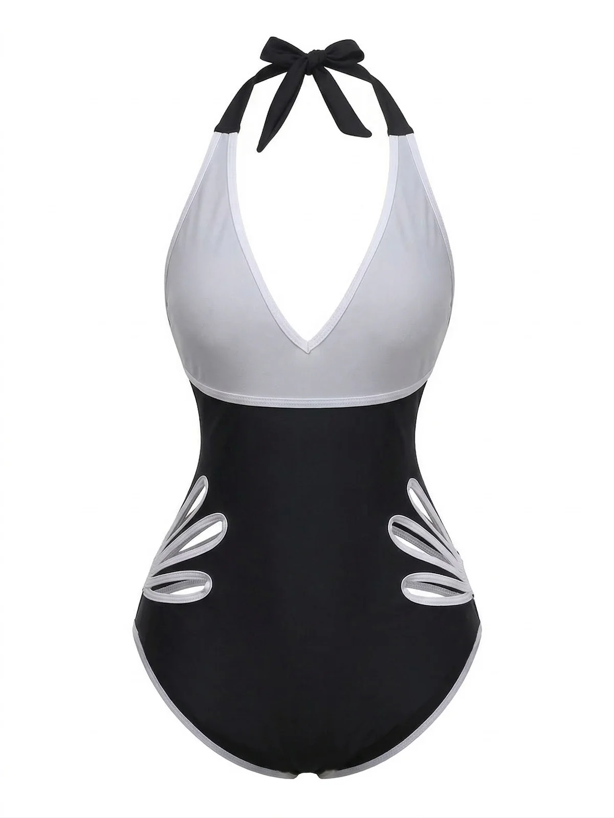 Schwarz 1940er Blumen Cut-Out Halter Einteiliger Badeanzug - Image 3
