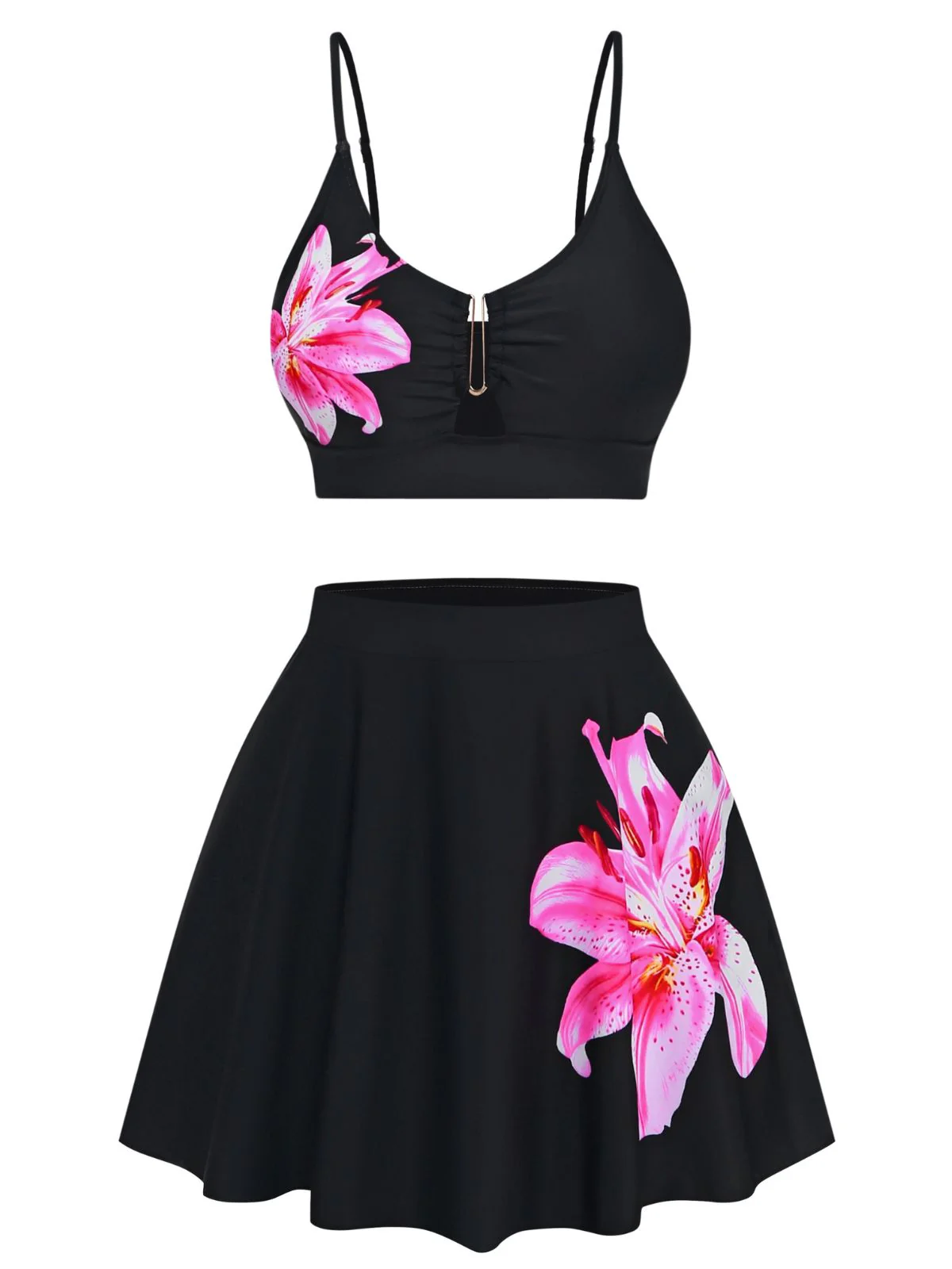 Schwarz 1940er Blumen Metallschnalle Tankini Set - Image 2