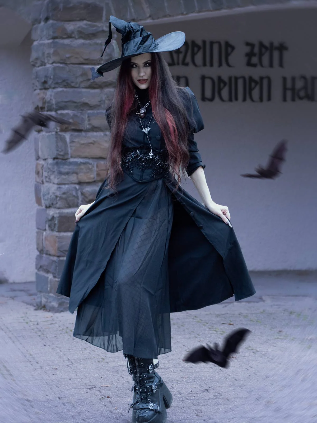 Schwarz 1940er Gothic Wicked-Inspiriert Elphaba Blumen Hexenkleid - Image 2