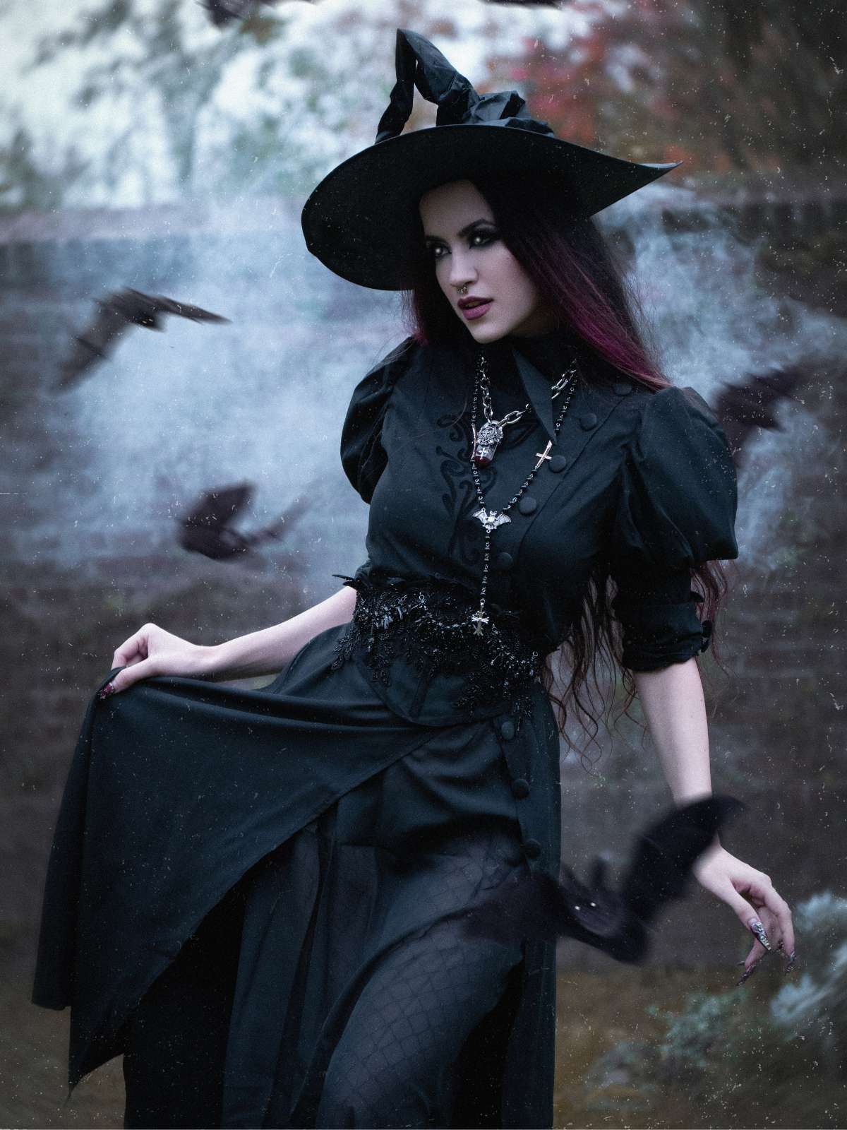 Schwarz 1940er Gothic Wicked-Inspiriert Elphaba Blumen Hexenkleid - Image 3