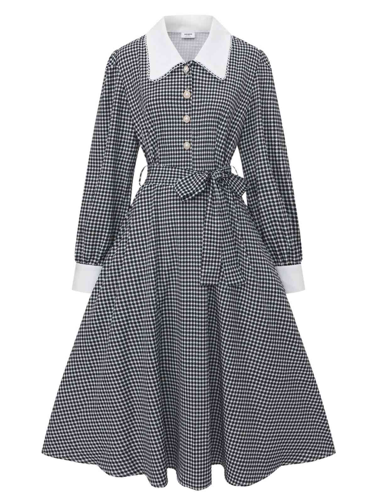 Schwarz 1940er Hahnentritt Puffärmel Perlen Taste Kleid - Image 2