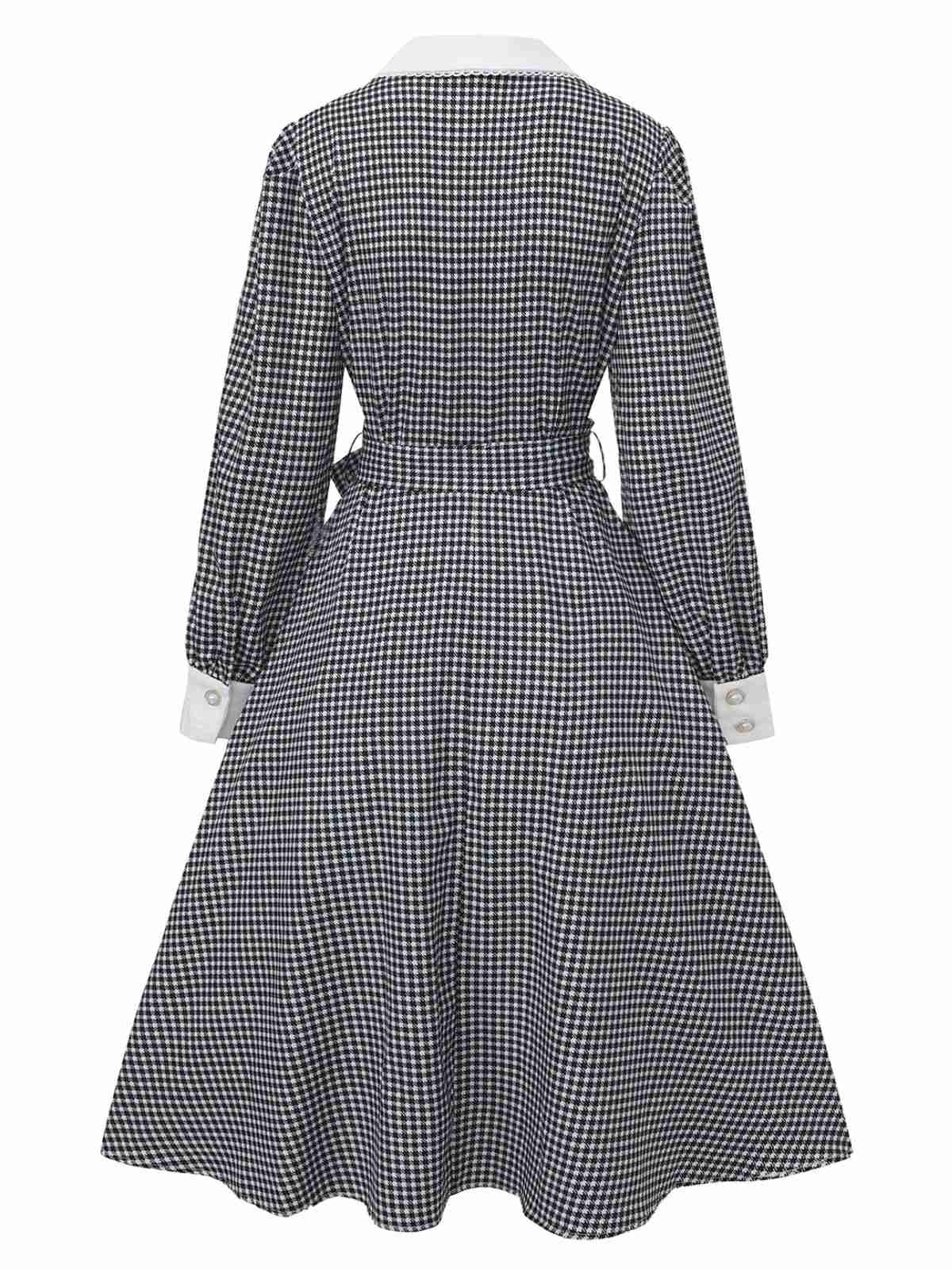Schwarz 1940er Hahnentritt Puffärmel Perlen Taste Kleid - Image 3