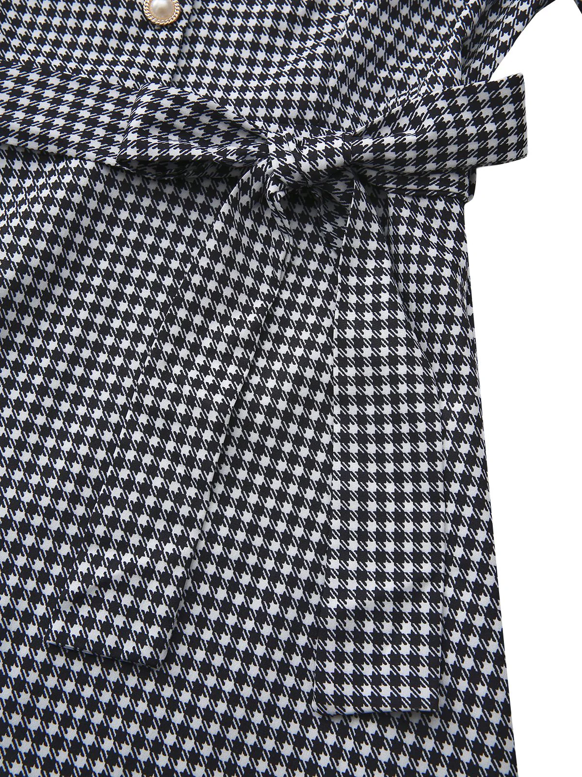 Schwarz 1940er Hahnentritt Puffärmel Perlen Taste Kleid - Image 7