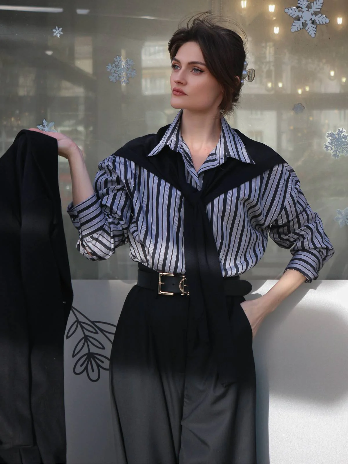 Schwarz 1940er Hemdkragen Streifen Jumpsuit Mit Kap - Image 3