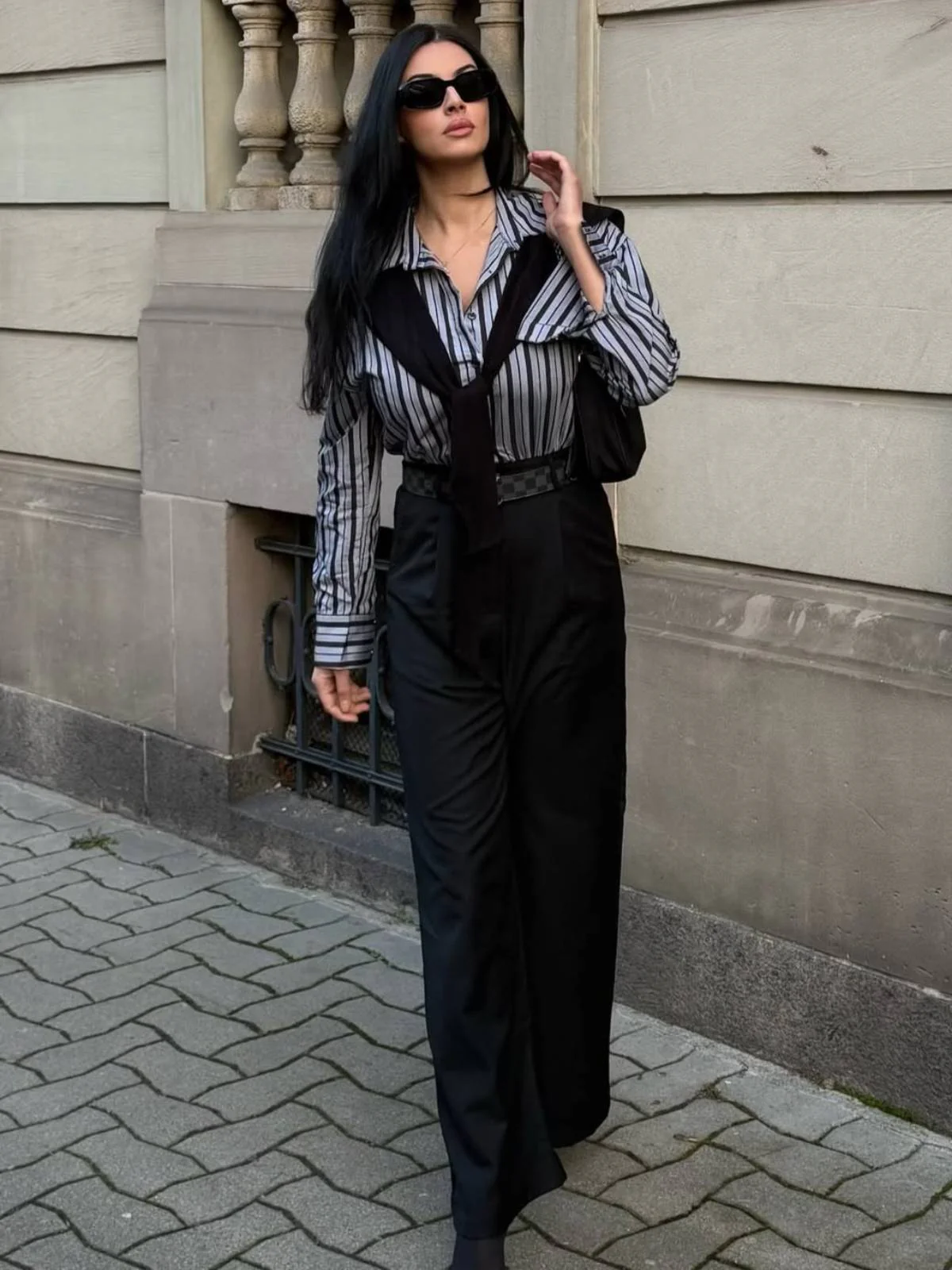 Schwarz 1940er Hemdkragen Streifen Jumpsuit Mit Kap - Image 2