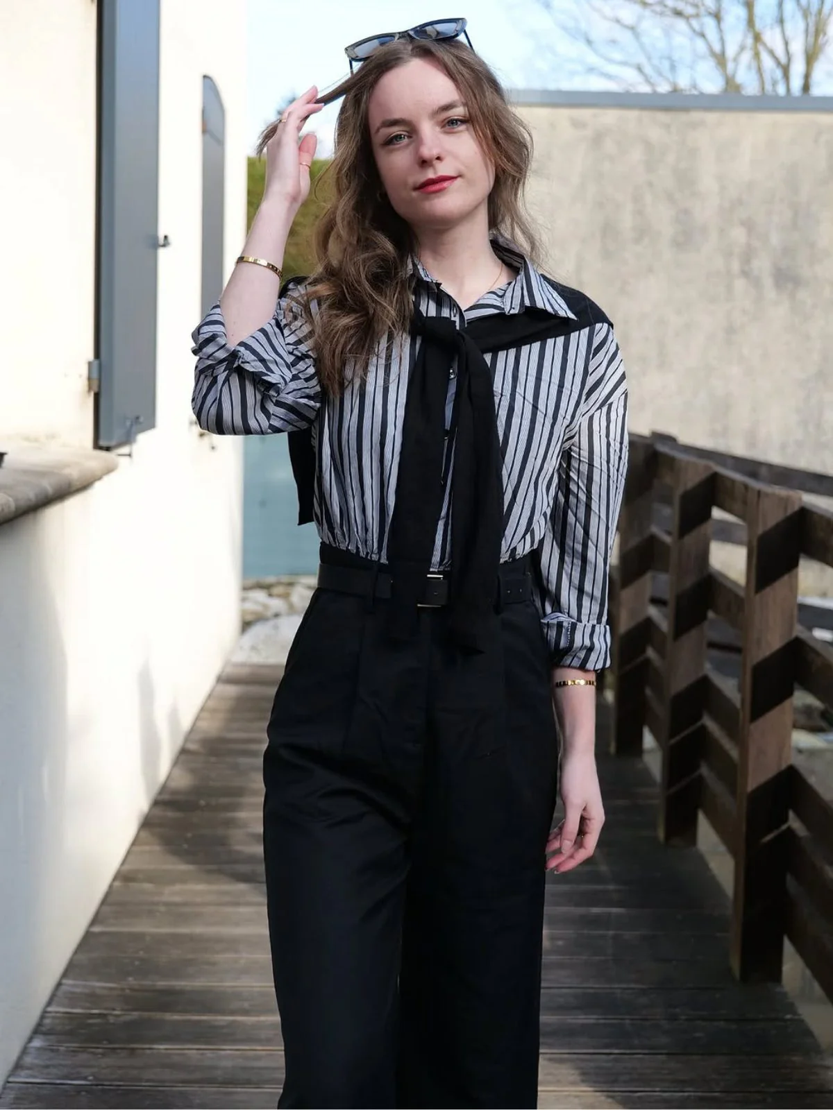 Schwarz 1940er Hemdkragen Streifen Jumpsuit Mit Kap - Image 2