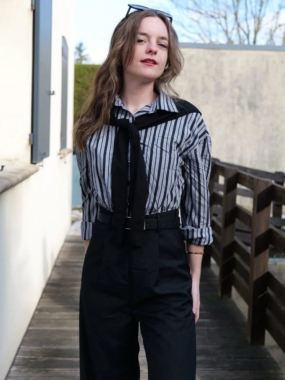 Schwarz 1940er Hemdkragen Streifen Jumpsuit Mit Kap - Image 3