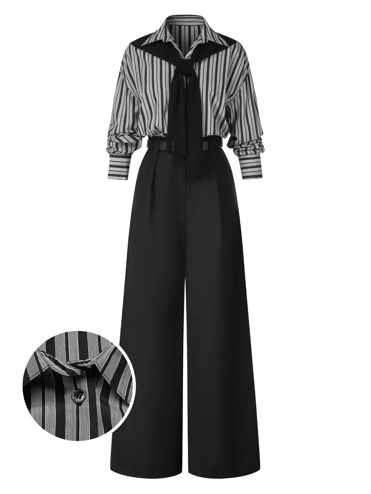 Schwarz 1940er Hemdkragen Streifen Jumpsuit Mit Kap - Image 5
