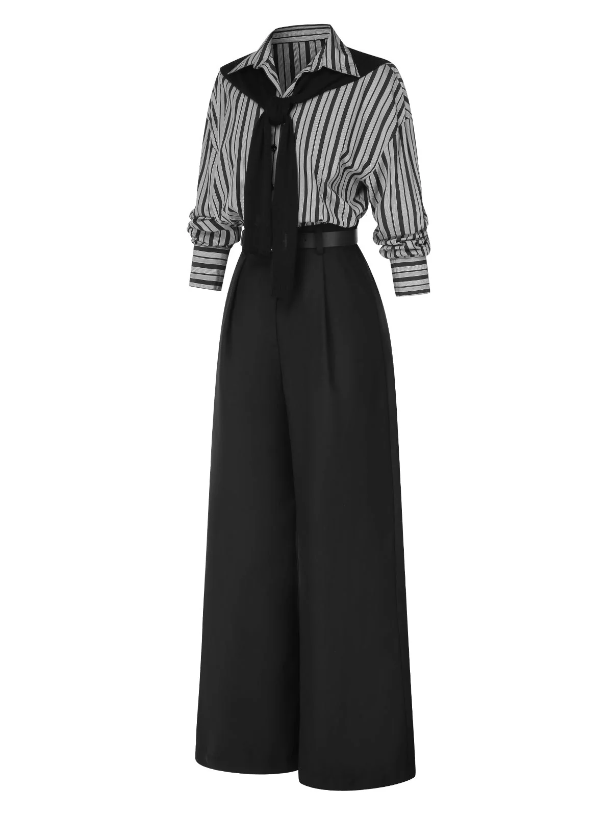 Schwarz 1940er Hemdkragen Streifen Jumpsuit Mit Kap - Image 7