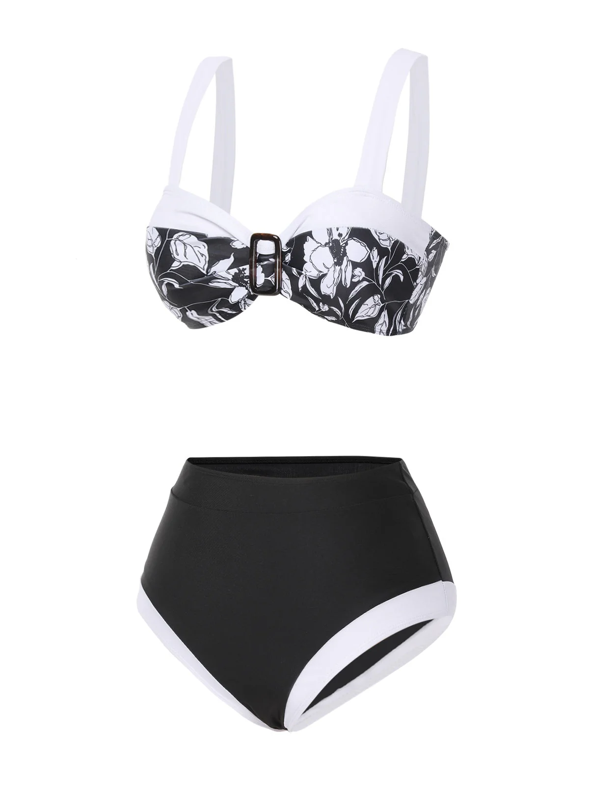 Schwarz 1940er Hepburn Silhouette Blumen Bikini Set - Image 3