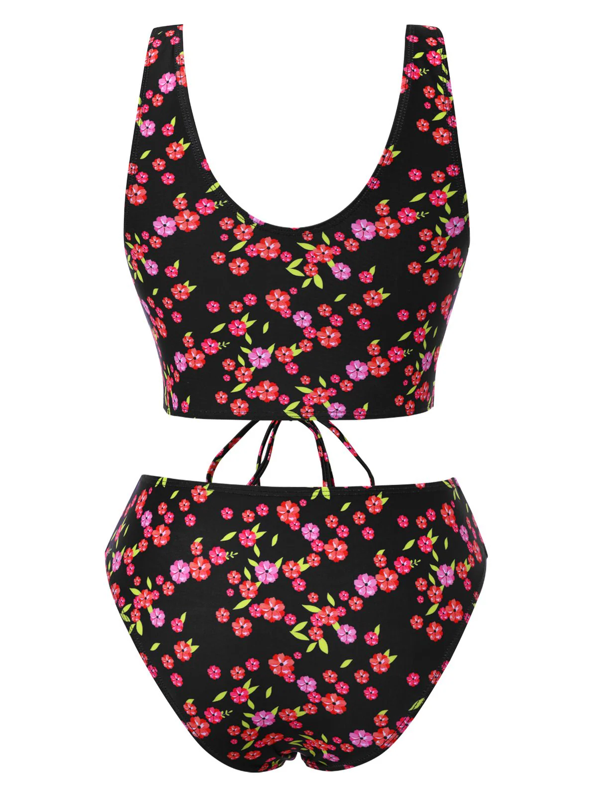 Schwarz 1940er Kleine Blumen Schnürung Tankini Set - Image 2