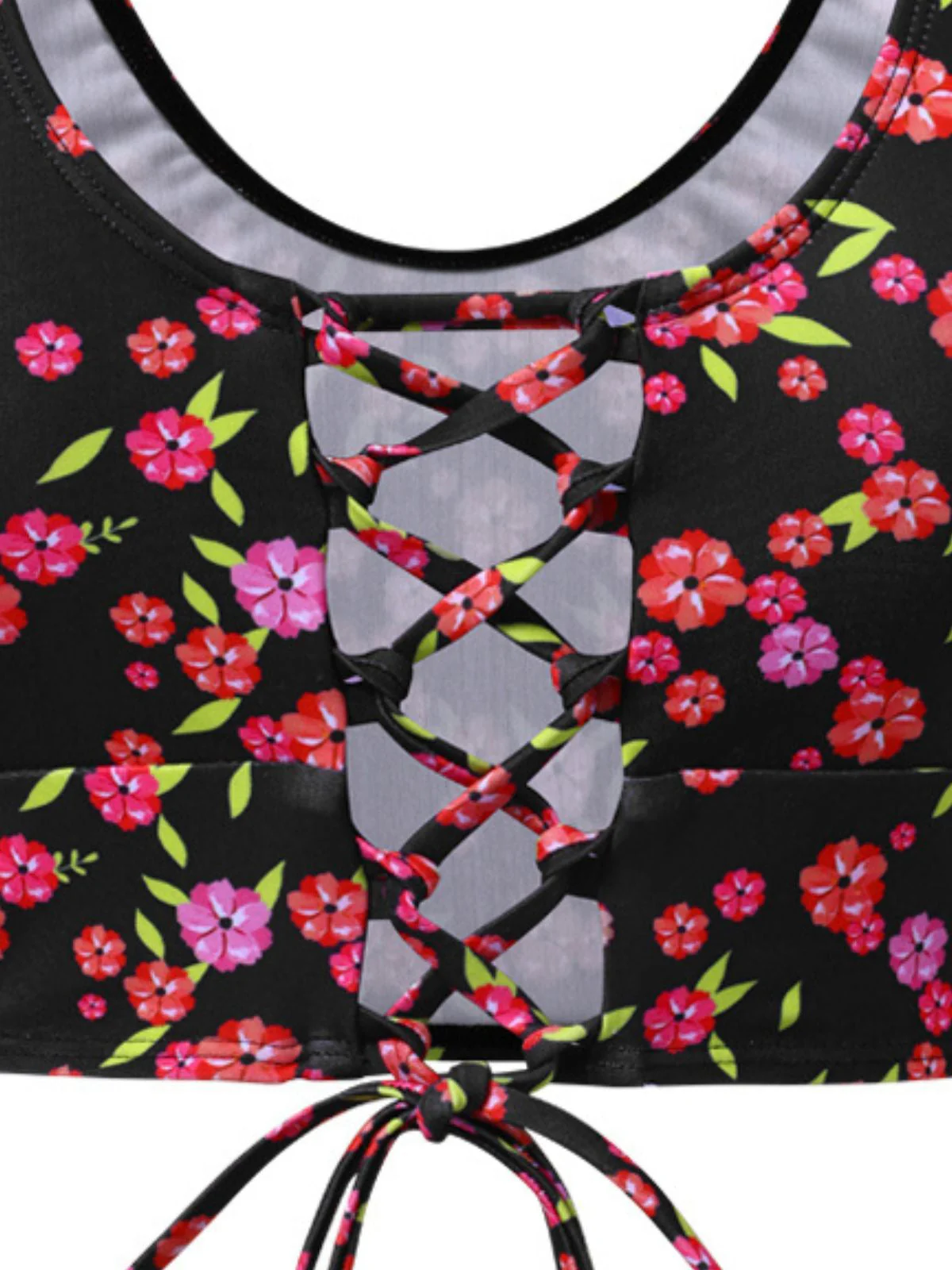 Schwarz 1940er Kleine Blumen Schnürung Tankini Set - Image 3