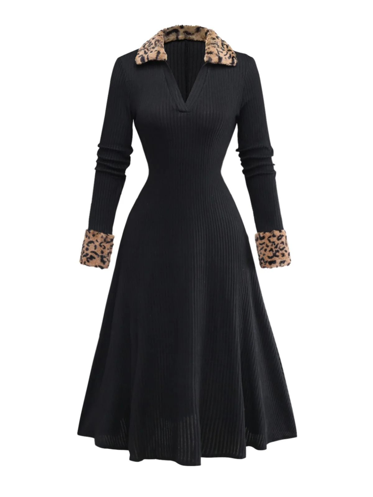 Schwarz 1940er Leopard Kunst Pelz Besatz Gerippt Stricken Kleid - Image 2