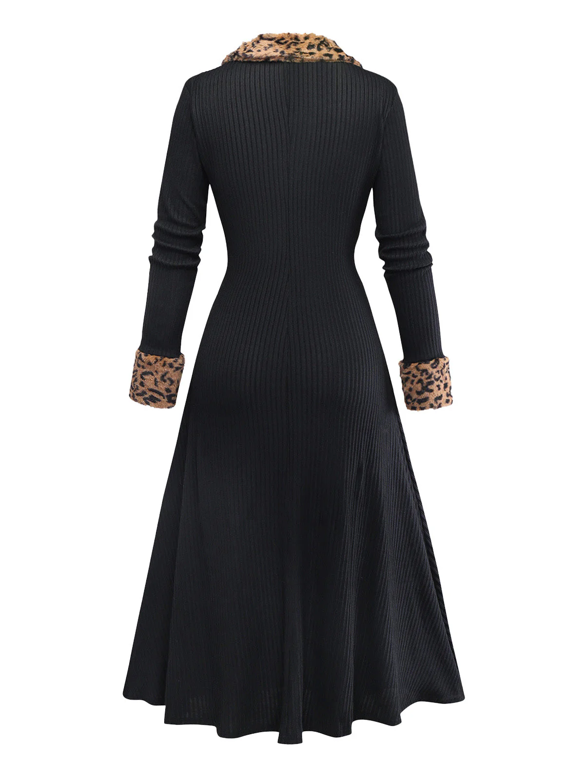 Schwarz 1940er Leopard Kunst Pelz Besatz Gerippt Stricken Kleid - Image 3