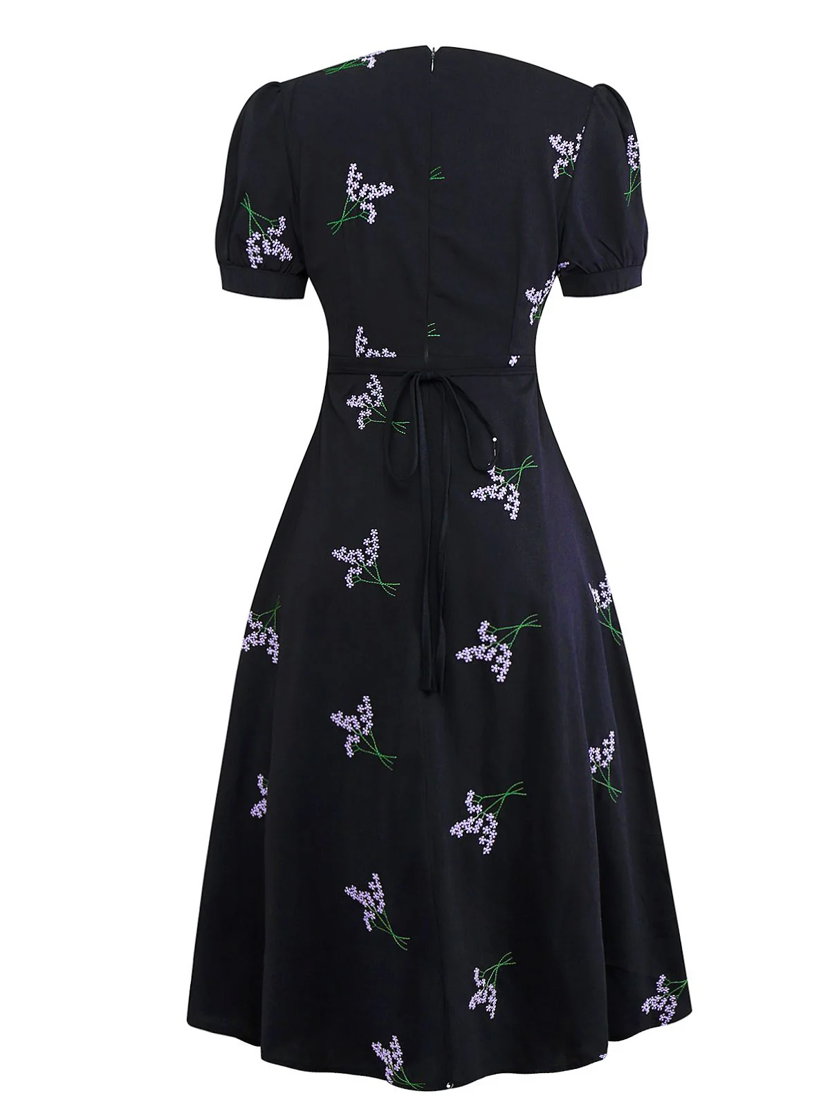Schwarz 1940er Lila Blumen Stickerei V-Ausschnitt Kleid - Image 2