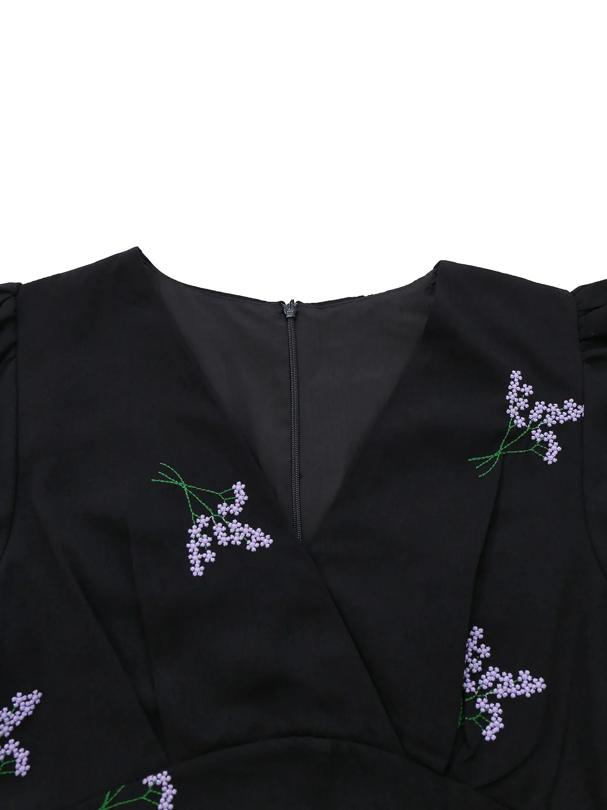 Schwarz 1940er Lila Blumen Stickerei V-Ausschnitt Kleid - Image 3