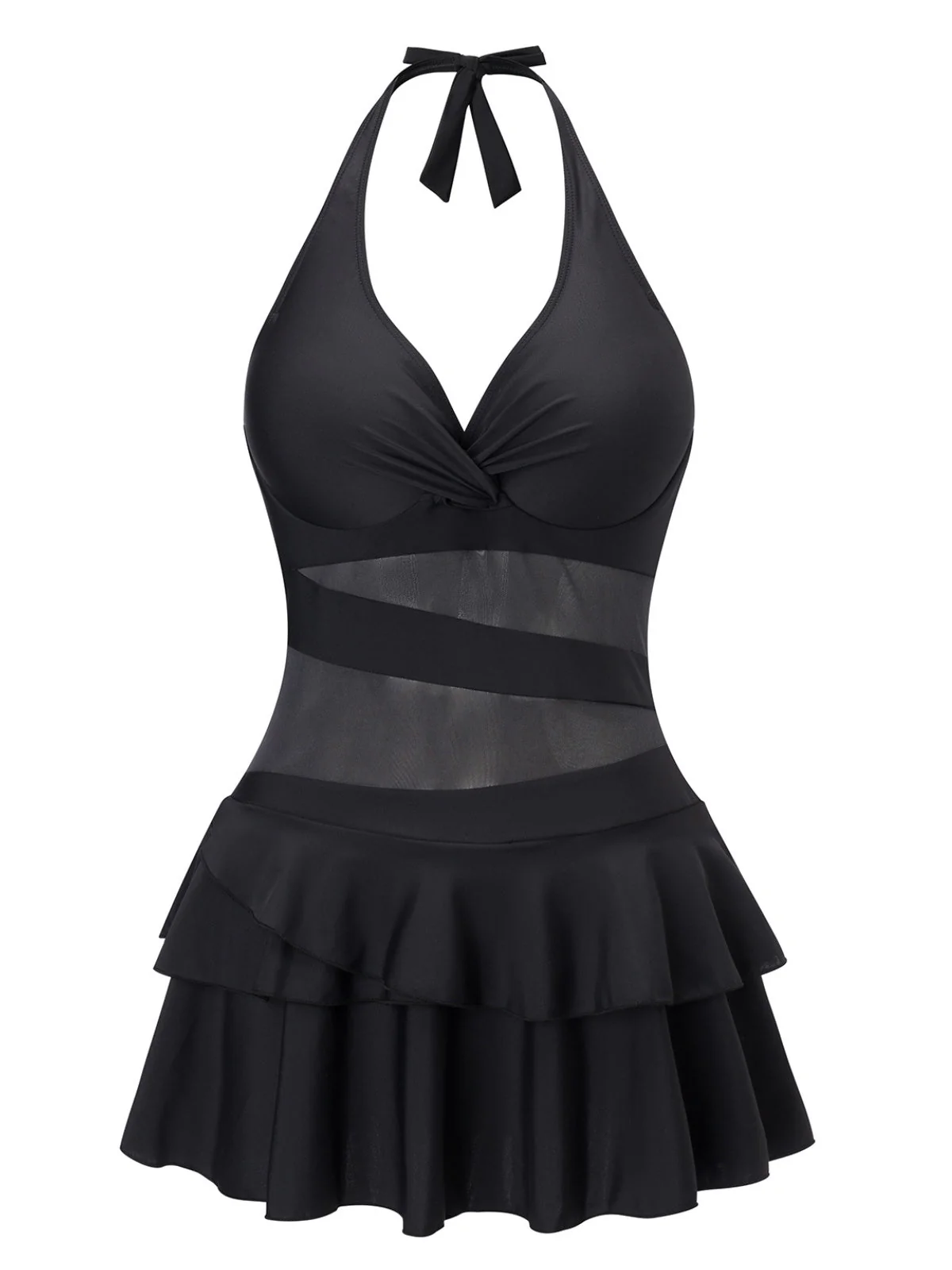 Schwarz 1940er Mehrlagiger Saum Halter Badekleid