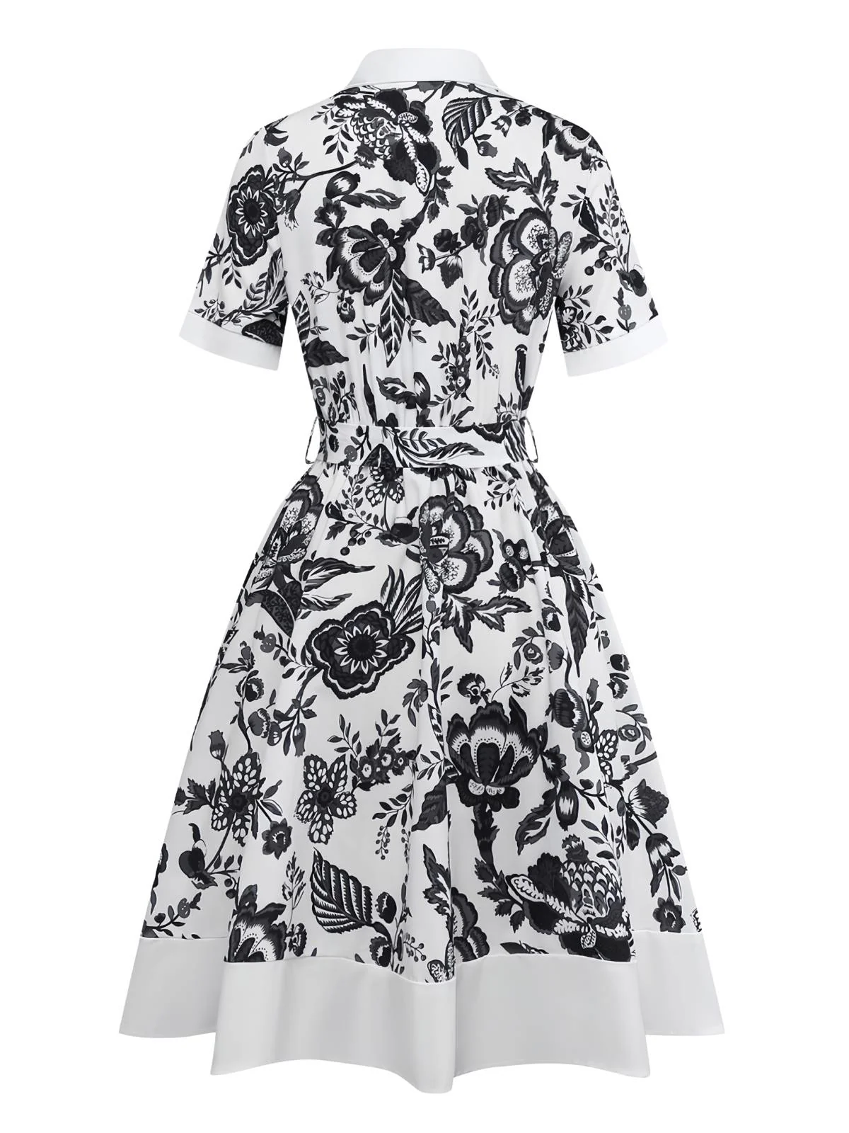 Schwarz 1940er Pflanzen Blumen Hemdkragen Gürtel Kleid - Image 2