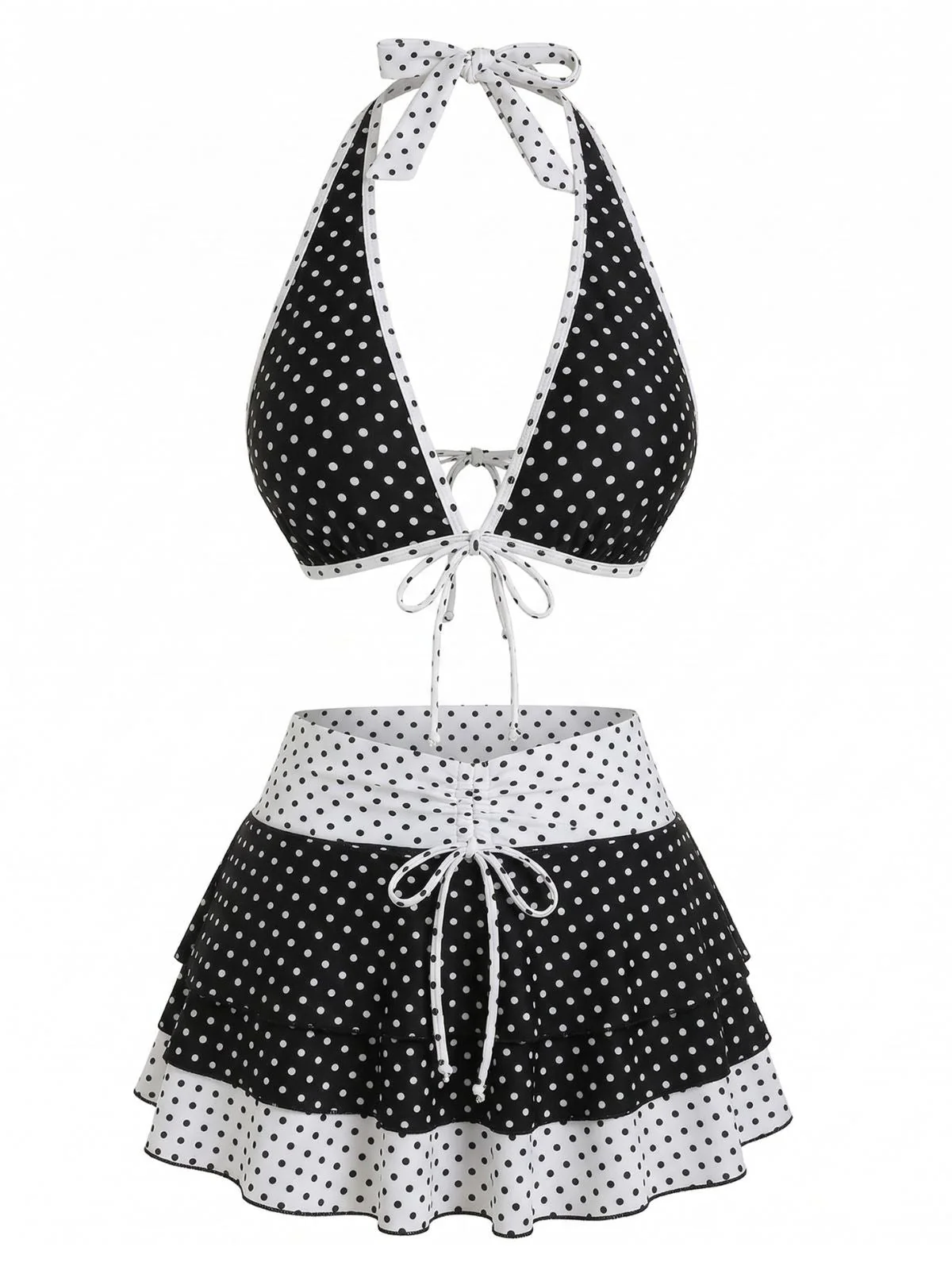 Schwarz 1940er Polka Dot Halter Bikini Set & Cover-Up - Image 2