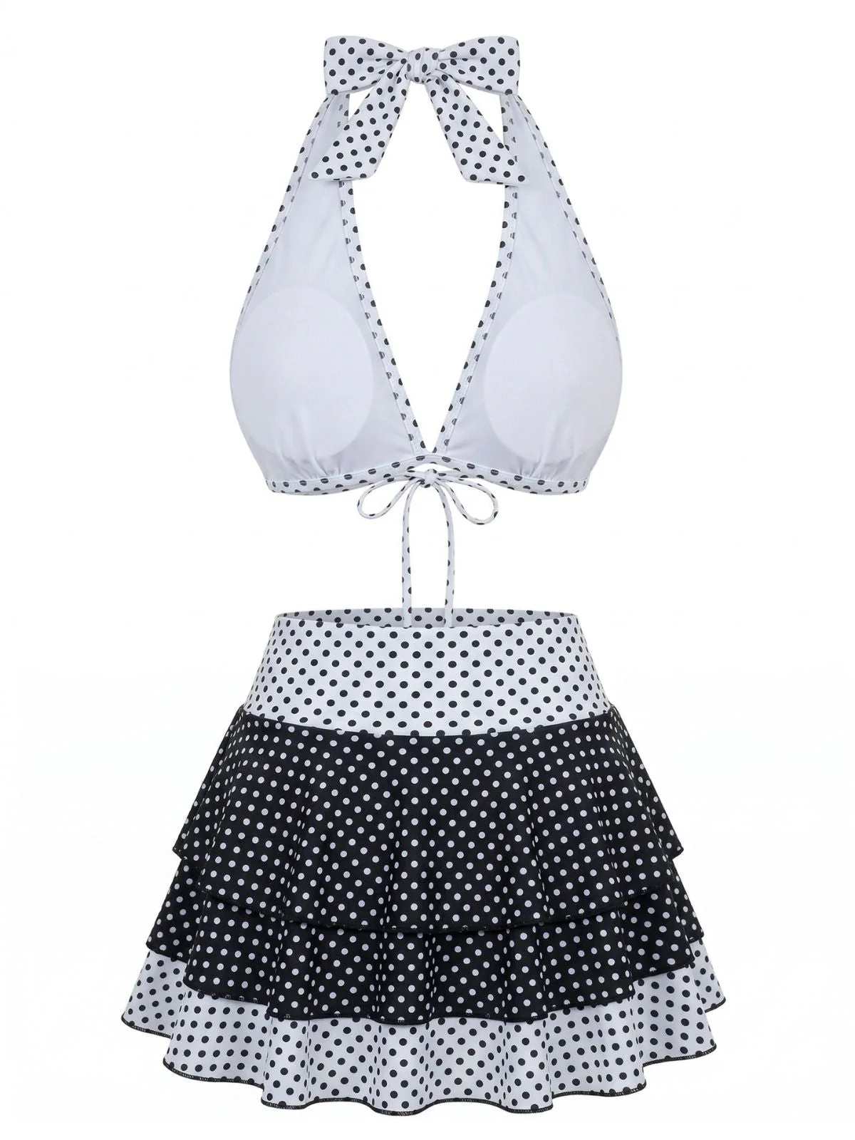 Schwarz 1940er Polka Dot Halter Bikini Set & Cover-Up - Image 3