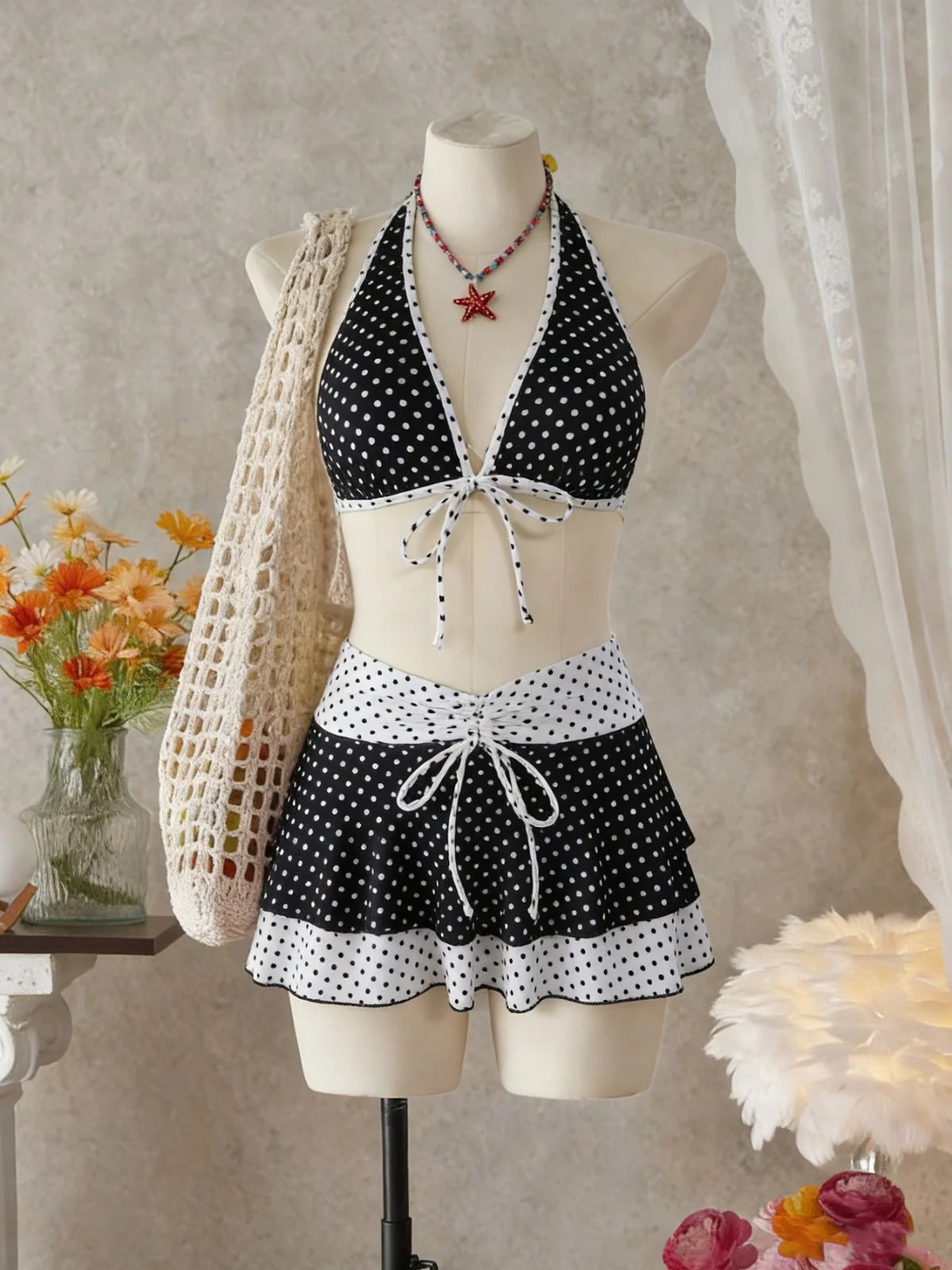 Schwarz 1940er Polka Dot Halter Bikini Set & Cover-Up - Image 4